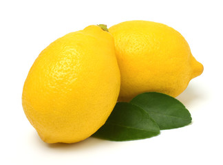 Lemon fruit with leaf isolated on white background.