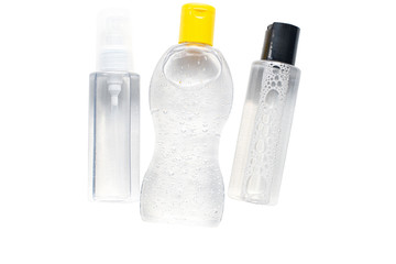 Sanitizer bottles isolated on isolated white background. Hand cleaning gel to prevent spreading coronavirus covid19