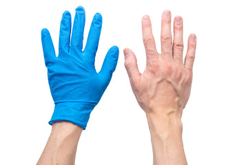 One hand with latex medical glove, and another without wearing protection