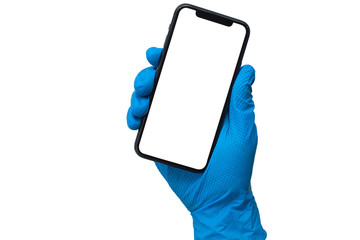 Hand in blue glove holding phone. Isolated on white background