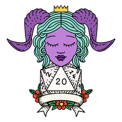 tiefling with natural 20 D20 roll illustration