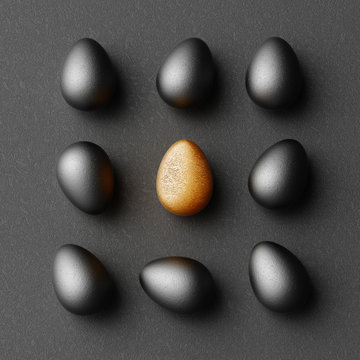 Black and gold eggs on plain black paper background. Creative minimalist abstract Easter concept. 3d rendering