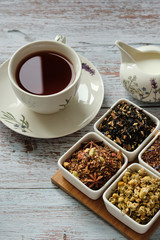 Top view of a mug with red tea, dry tea leaves and milk