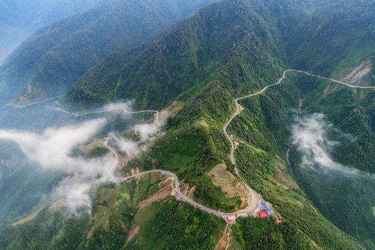Aerial view of Khau Pha pass from Mu Cang Chai to Tu Le, Yen Bai, Vietnam. Khau Pha is one of the top 4 big pass in Vietnam.