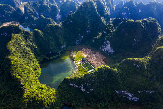 Aerial view of a famous scenic populations in Ninh Binh, Viet Nam, include Trang An ecotourism destination, Bai Dinh pagoda, Tam Coc, Hoa Lư ancient capital