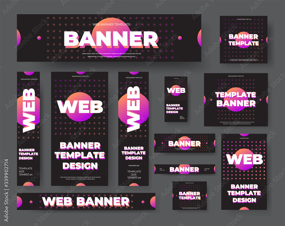Poster template of black web banners with purple gradient circle, vector illustration, for design presentat