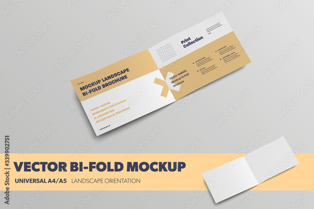 Aufkleber mockup of vector open bifold, standard landscape leflet, with abstract pattern, isolated on backgrou