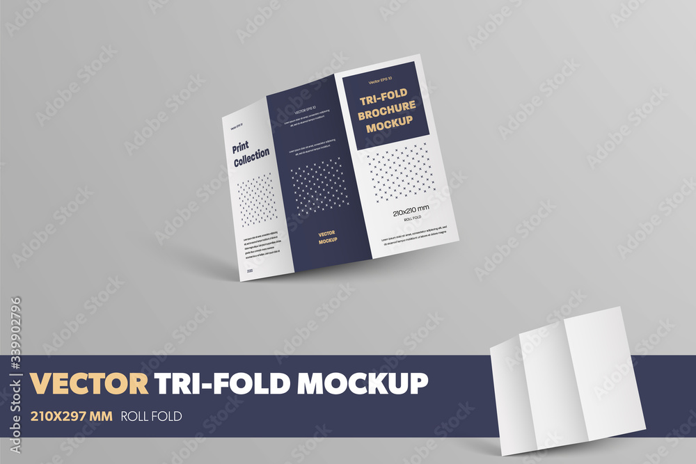 Aufkleber mockup of vector open tri-fold, back cover view, with crosses abstract pattern and realistic shadows
