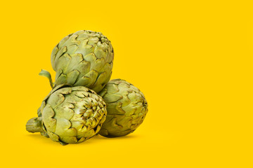 Alcachofas frescas y naturales sobre fondo amarillo aislado brillante. Vista de frente. Copy space