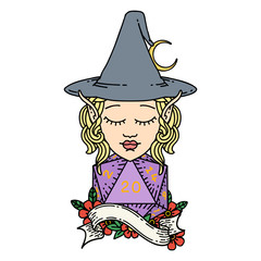 elf mage character with natural twenty dice roll illustration