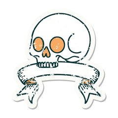 grunge sticker with banner of a skull