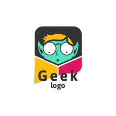 Geek logo design template with face in glasses. Vector illustration.