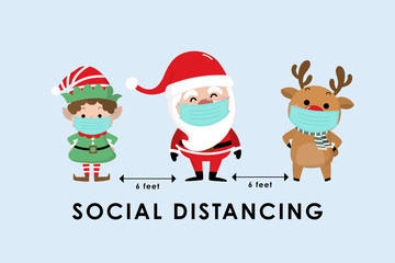 Fototapeta na wymiar COVID-19 and social distancing infographic with cute Christmas cartoon character. Santa Claus, little elf and reindeer with surgical mask in flat style. Corona virus protection. -Vector