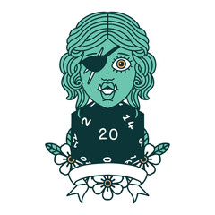 half orc rogue character with natural twenty dice roll illustration