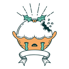banner with tattoo style christmas pudding character crying