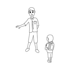 young father teaches son. life lessons. child with a briefcase. teacher and pupil. isolated outline vector illustration