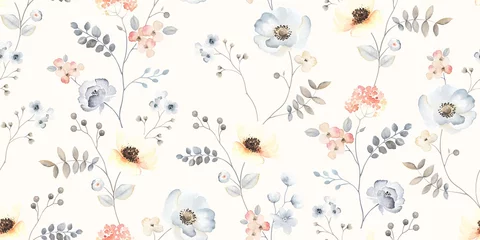 Türaufkleber Blühen Sie nahtloses Muster mit abstrakten Blumenzweigen mit Blättern, Blütenblumen und Beeren. Vektornaturillustration in der Weinleseaquarellart auf hellgelbem Hintergrund. © Nikole