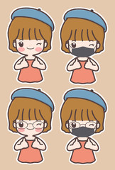 Short hair girl. Cute cartoon wearing protective mask.
