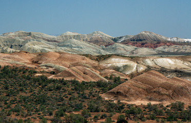 Colored, layered Aktau mountains in Kazakhstan among saxaul bushes.