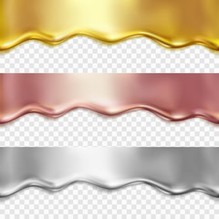 Obraz premium Gold rose, silver drip set isolated on transparent background. Golden water, metallic, foil melt texture. Vector glossy gradient liquid borders template.