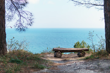 A single bench made of natural wood in the forest with a view of the sea.