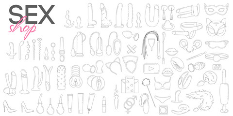 Sex shop big set of vector, thin, linear icons. Toys for adults. Isolated from background.