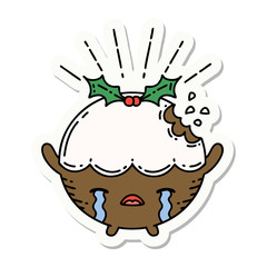 sticker of tattoo style christmas pudding character crying