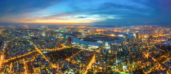 Top view aerial of Thu Thiem peninsula and center Ho Chi Minh City  with development buildings, transportation, energy power infrastructure. Financial and business centers in developed Vietnam