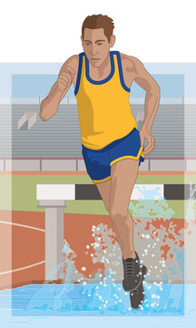 steeplechase male runner running over water obstacle with track and stadium background