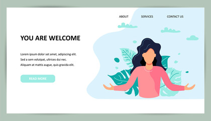 Welcome, meeting concept. Female opens her hands. Place for text. Flat cartoon style vector illustration.
