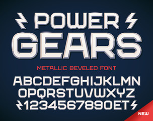 Obraz premium Futuristic geometric font, metallic beveled alphabet and numbers. Upper case. Vector illustration.
