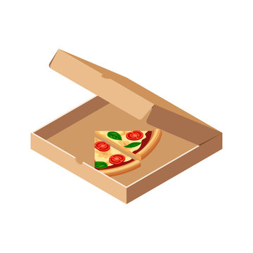 Isometric last slices of pizza margherita with tomato, cheese, basil in opened box isolated on white background. 3d italian fast food icon. Flat vector illustration for web, advert, menu design, app