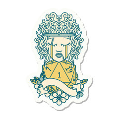 sad elf barbarian character face with natural one D20 roll sticker