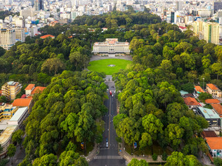 Top view aerial of Independence Palace or Reunification Palace and center Ho Chi Minh City, Vietnam...