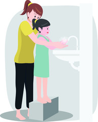 Mother helping her daughter washing her hands