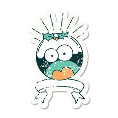 grunge sticker of tattoo style shocked christmas pudding
