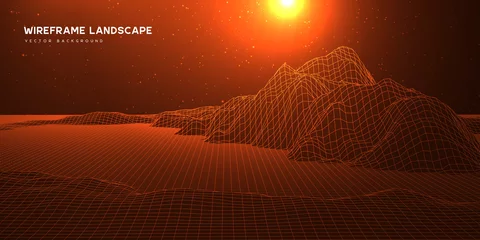 Poster Digitale wareframe landschapsachtergrond met sterren en zon aan de horizon. Abstract kosmisch landschap. Grote gegevens. 3D-futuristische technologie vectorillustratie. © ludmila_m
