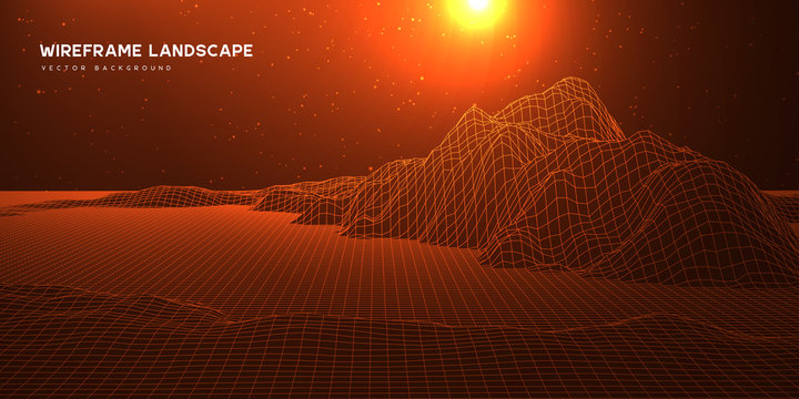 Digital wareframe landscape background with stars and sun on horizon. Abstract cosmic landscape. Big data. 3d futuristic technology vector illustration.