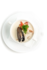 soup with mussel vegetables and shrimp isolate on a white background