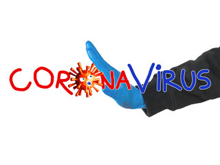 A man wears glove and raises hand forbid Corona virus or Covid-19 come in.