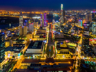 Top view aerial of Nguyen Hue street and center Ho Chi Minh City  with development buildings, transportation, energy power infrastructure. Financial and business centers in developed Vietnam