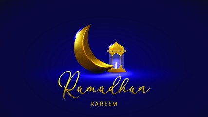Naklejka premium Ramadan kareem background illustration.Golden moon and lantern illustration