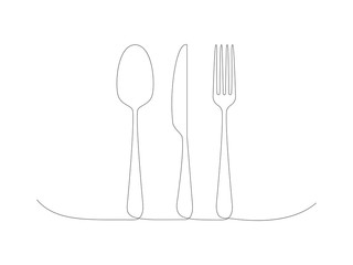 Continuous cooking icons line stock vector illustration isolated on white background. Fork, spoon and knife one line.