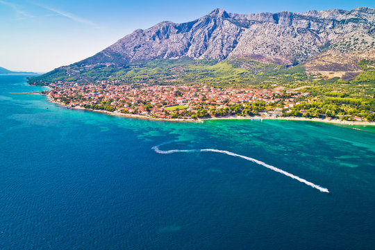 Aerial view of Town of Orebic on Peljesac peninsula waterfront