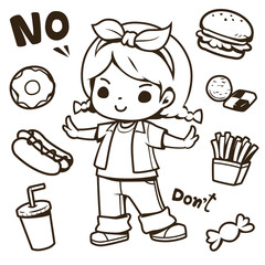 Cute girl and junk food doodle outline vector illustration. Donut, doughnut, hot dog, cookies, drink, candy, french fries. Used for coloring pages, book for kids, Embroidered pattern, etc.