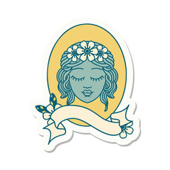 tattoo sticker with banner of a maiden with eyes closed