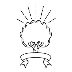 banner with black line work tattoo style tree