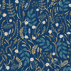Vector seamless  pattern with  leaves and  flowers on blue background.  Floral illustration for textile, print, wallpapers, wrapping.