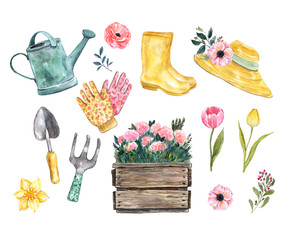 Cute watercolor spring gardening tools and fashion clothes set, isolated on white background. Wooden box, tulip flowers, straw hat, yellow rubber rain boots. Hand drawn garden illustration.