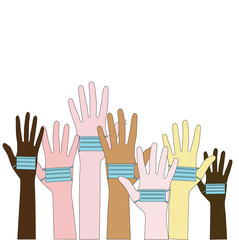 Obraz premium hands of different people and they are wearing medical masks.